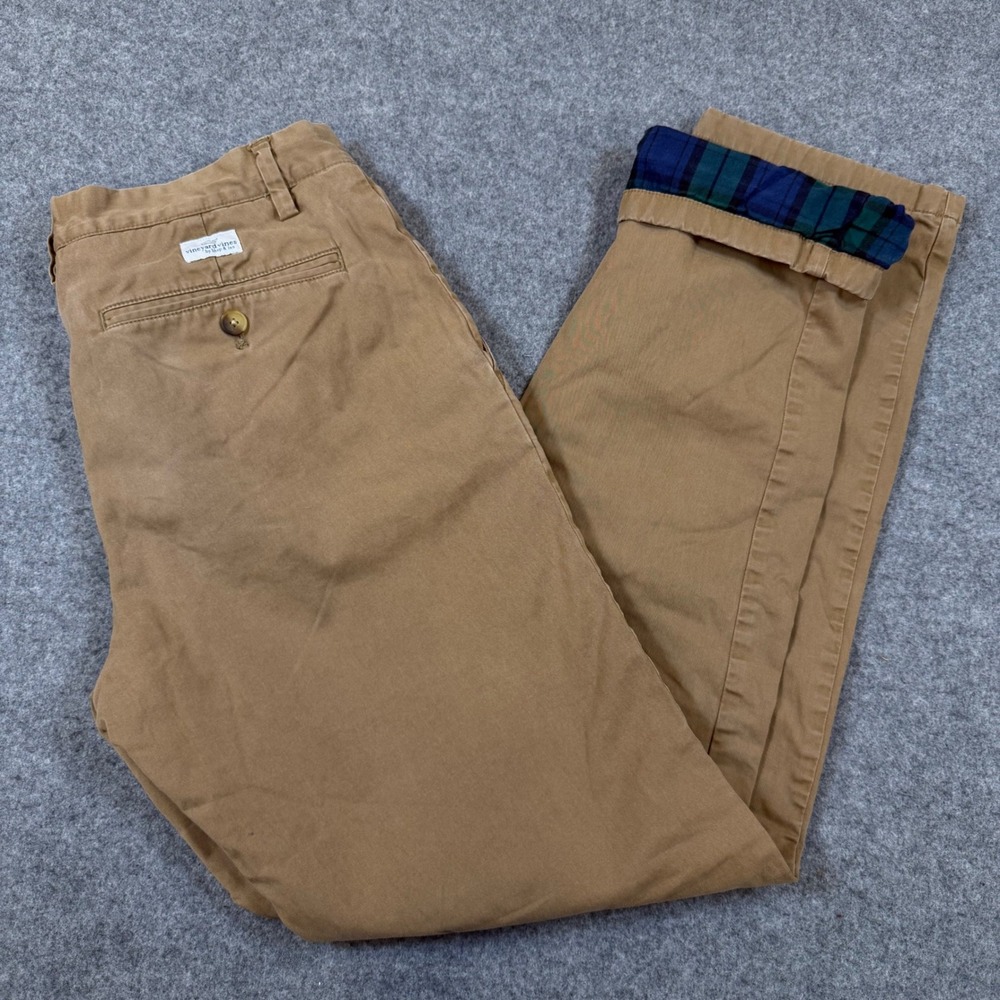 Vineyard Vines Flannel Lined Chino Pants Mens 30x32 Khaki Tan Black Watch Plaid